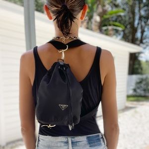 Prada Black Nylon Drawstring Mini Backpack with Gold Hardware